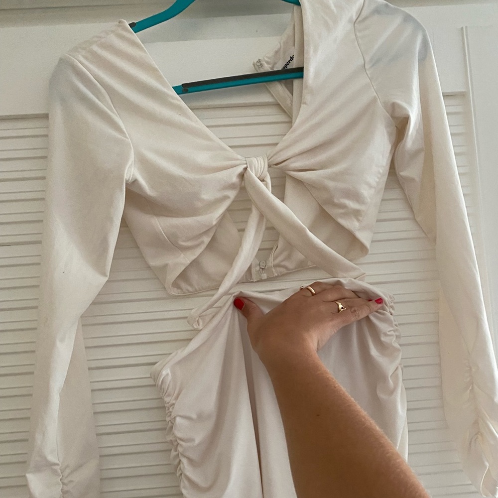 Cute White Ruched Long-sleeve Dress
